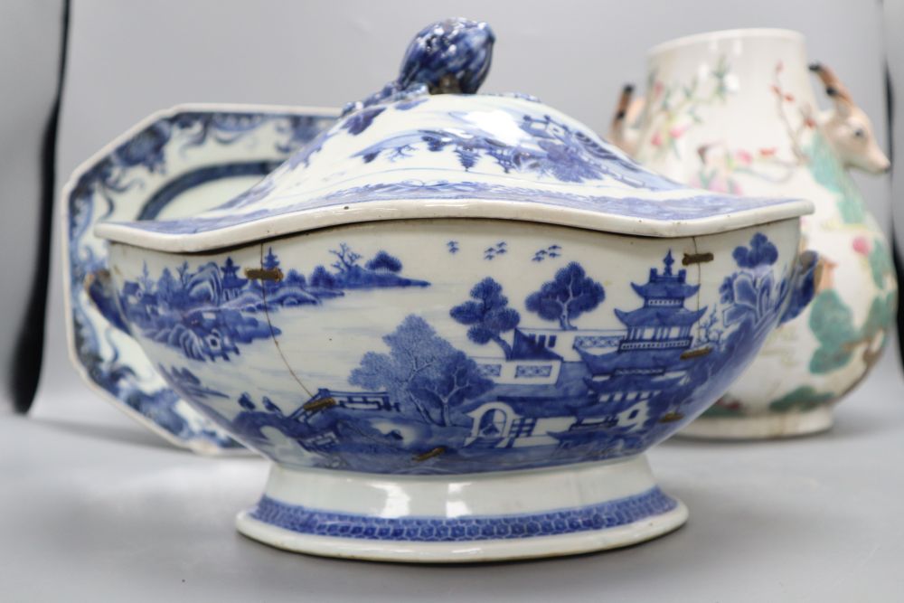 A Chinese vase with deer handles, height 29cm, a Chinese export blue and white plate and a tureen